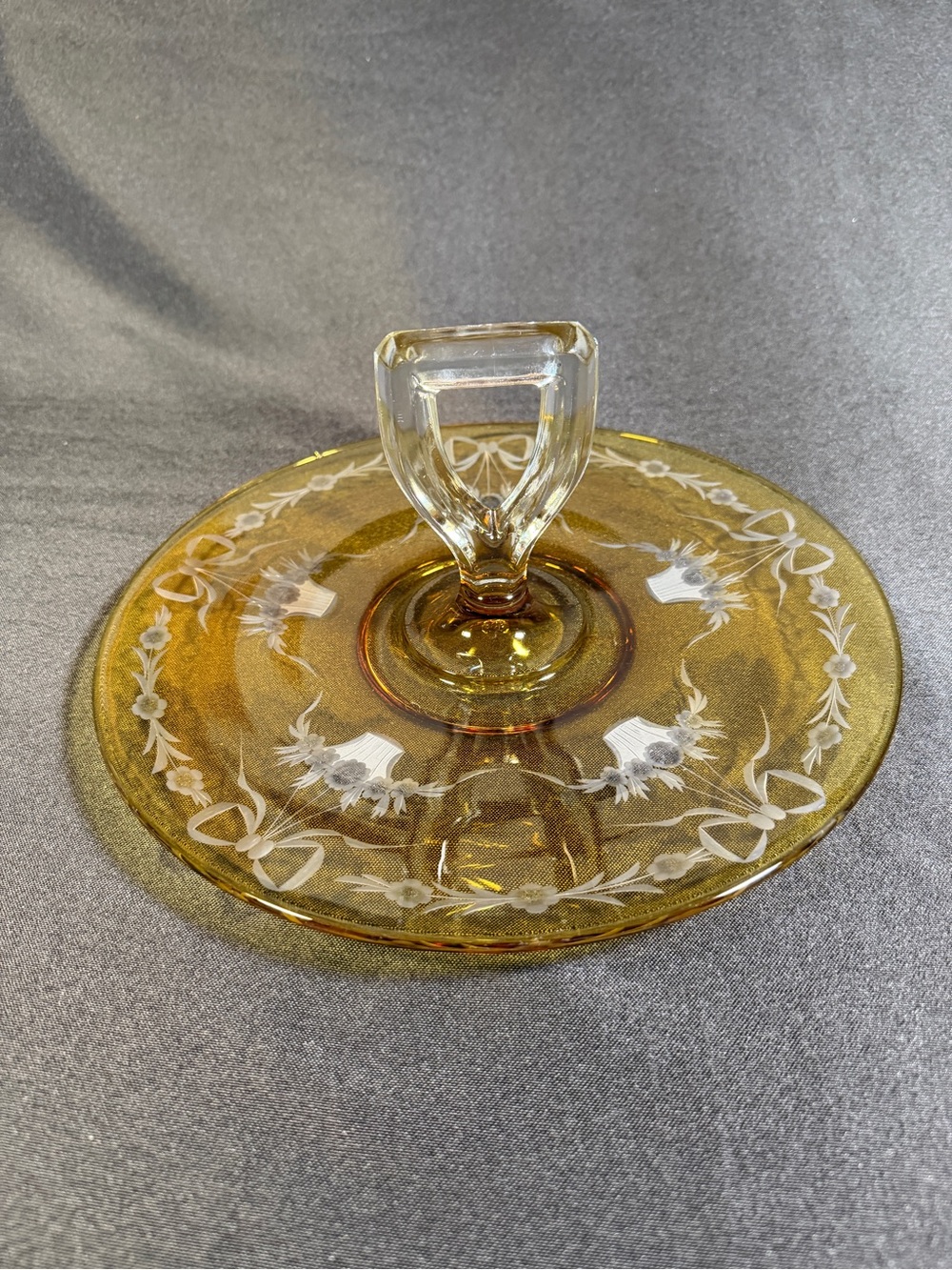 Amber Depression Glass Handled Etched Floral Basket Tidbit or Sandwich Server,